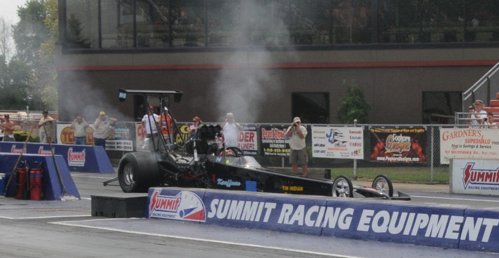 Jeff Kauffman blown rear engine dragster ready to launch at Norwalk 2011